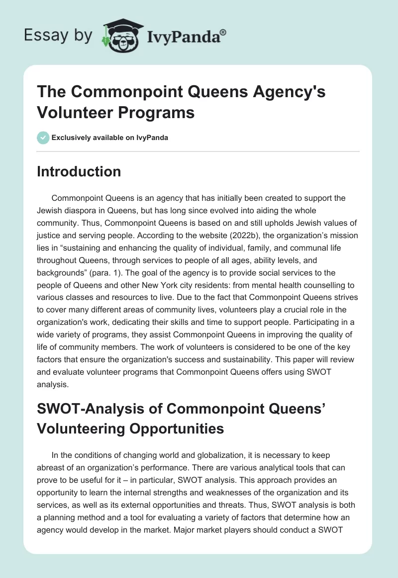 The Commonpoint Queens Agency's Volunteer Programs. Page 1