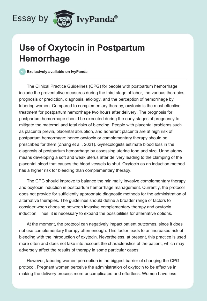 Use of Oxytocin in Postpartum Hemorrhage. Page 1