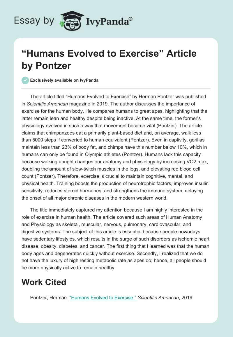 “Humans Evolved to Exercise” Article by Pontzer. Page 1