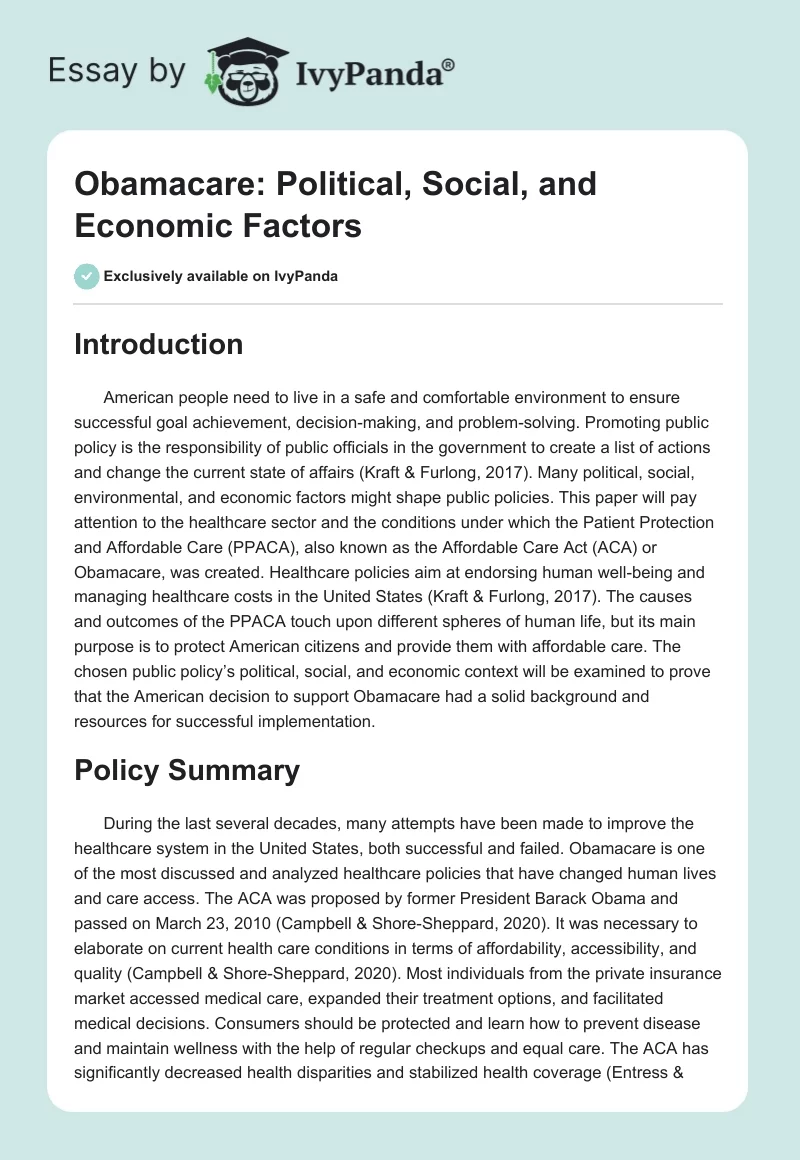 Obamacare: Political, Social, and Economic Factors. Page 1