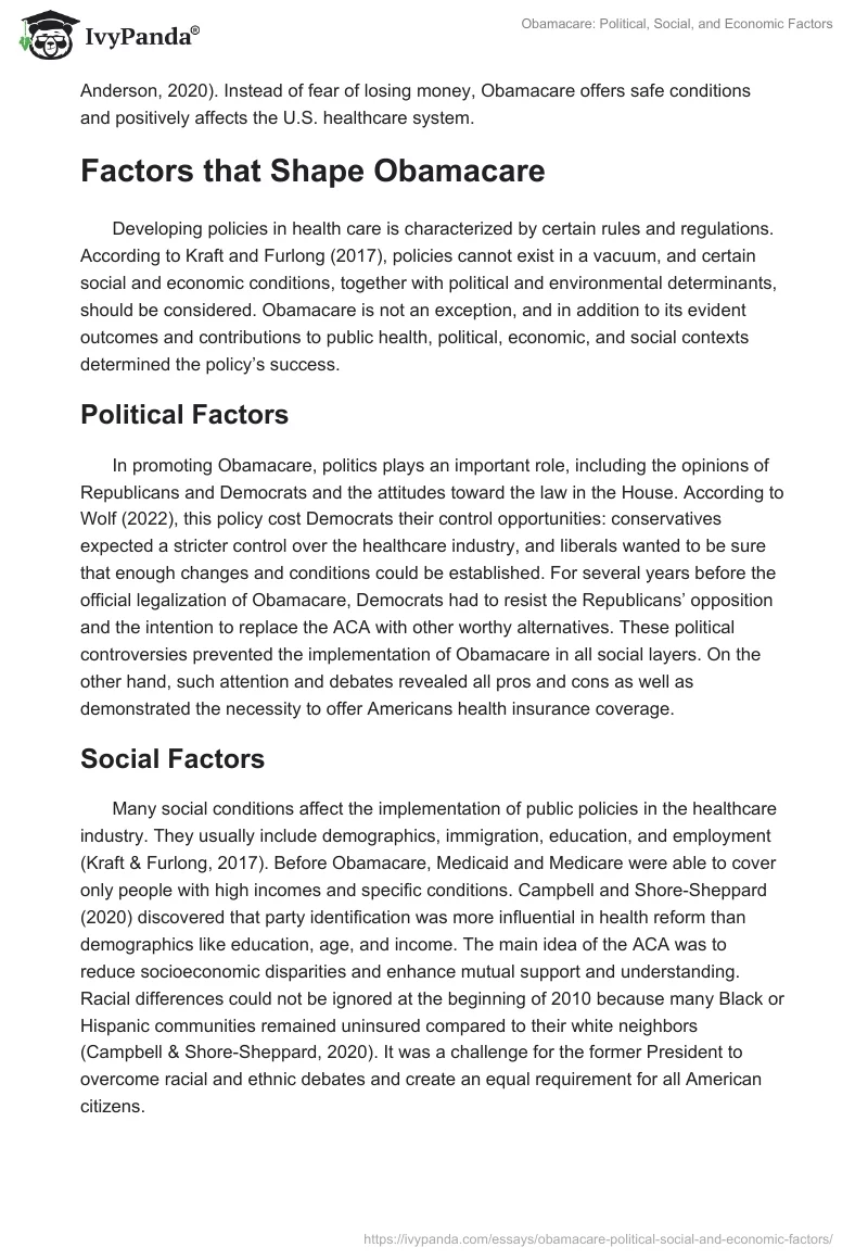 Obamacare: Political, Social, and Economic Factors. Page 2