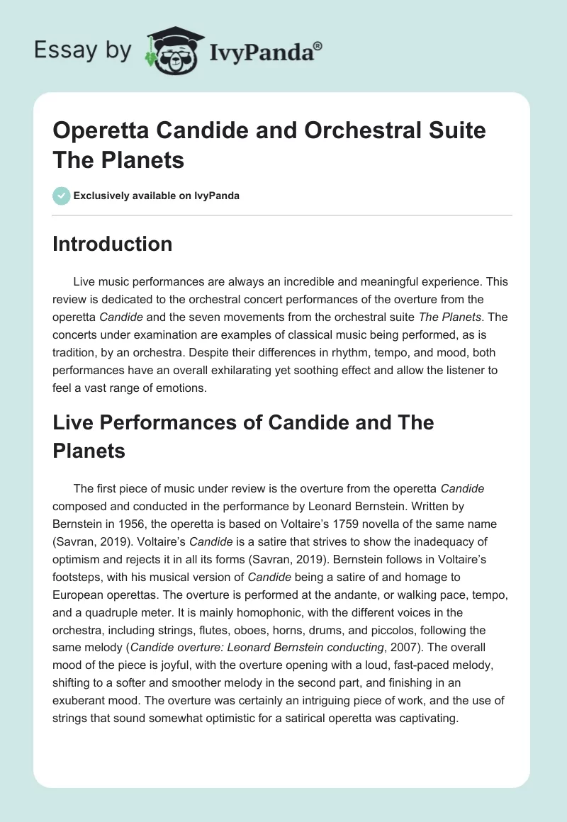 Operetta "Candide" and Orchestral Suite "The Planets". Page 1