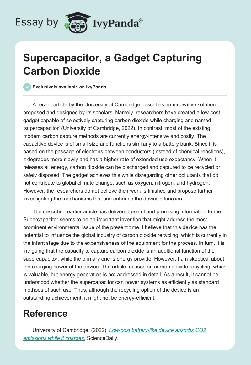 Supercapacitor, a Gadget Capturing Carbon Dioxide. Page 1