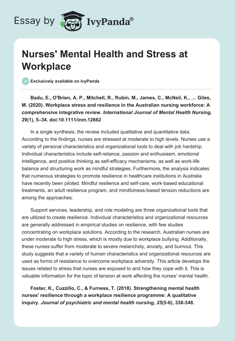Nurses' Mental Health and Stress at Workplace. Page 1