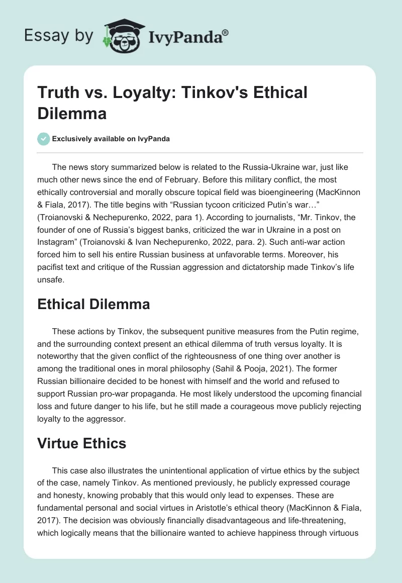 Truth vs. Loyalty: Tinkov's Ethical Dilemma. Page 1