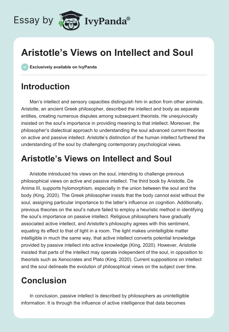 Aristotle’s Views on Intellect and Soul. Page 1