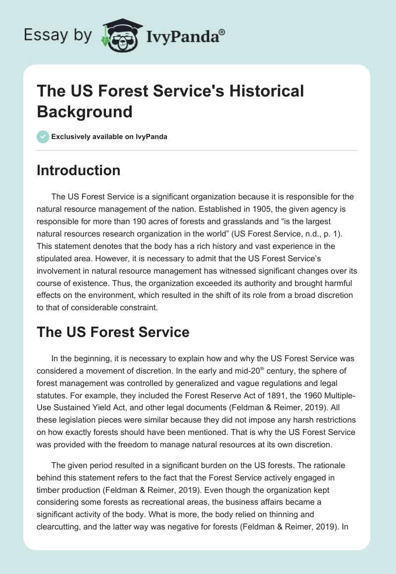 The US Forest Service's Historical Background. Page 1