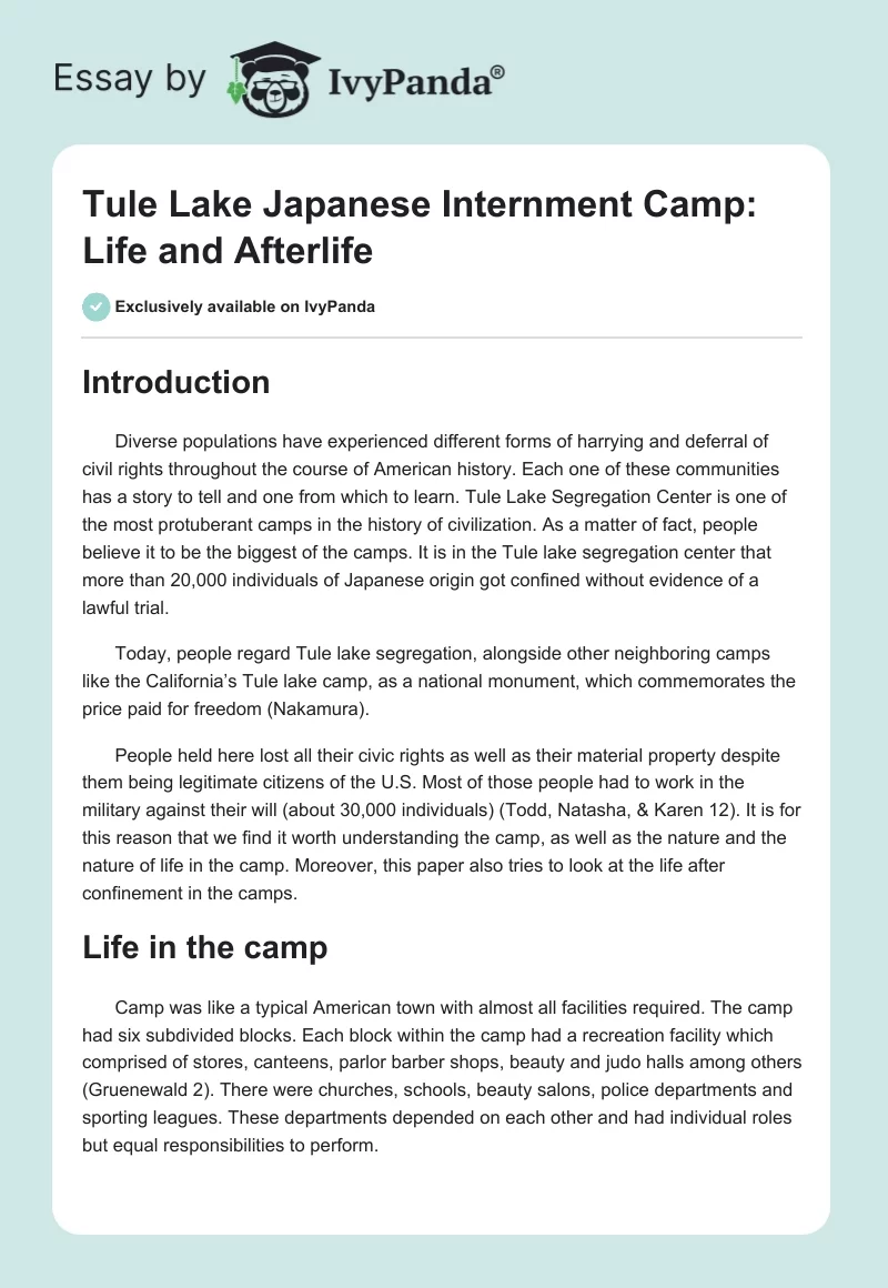 Tule Lake Japanese Internment Camp: Life and Afterlife. Page 1