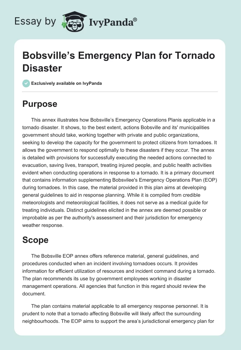 Bobsville’s Emergency Plan for Tornado Disaster. Page 1