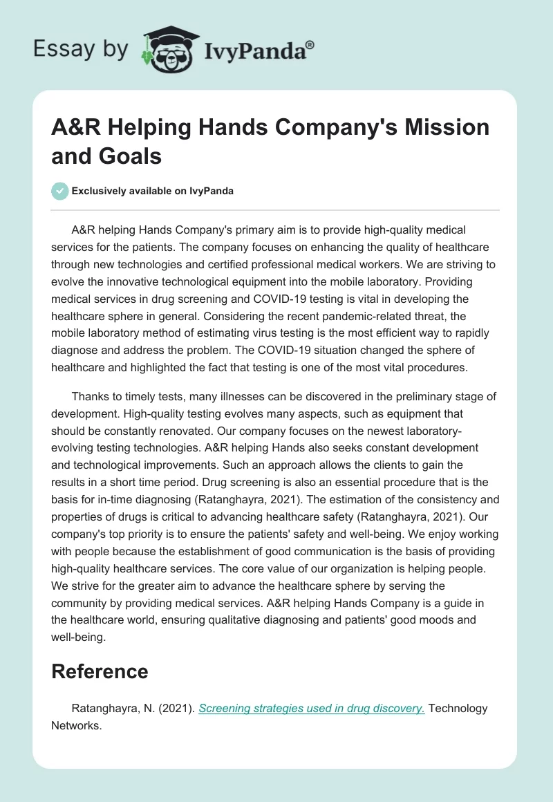 A&R Helping Hands Company's Mission and Goals. Page 1
