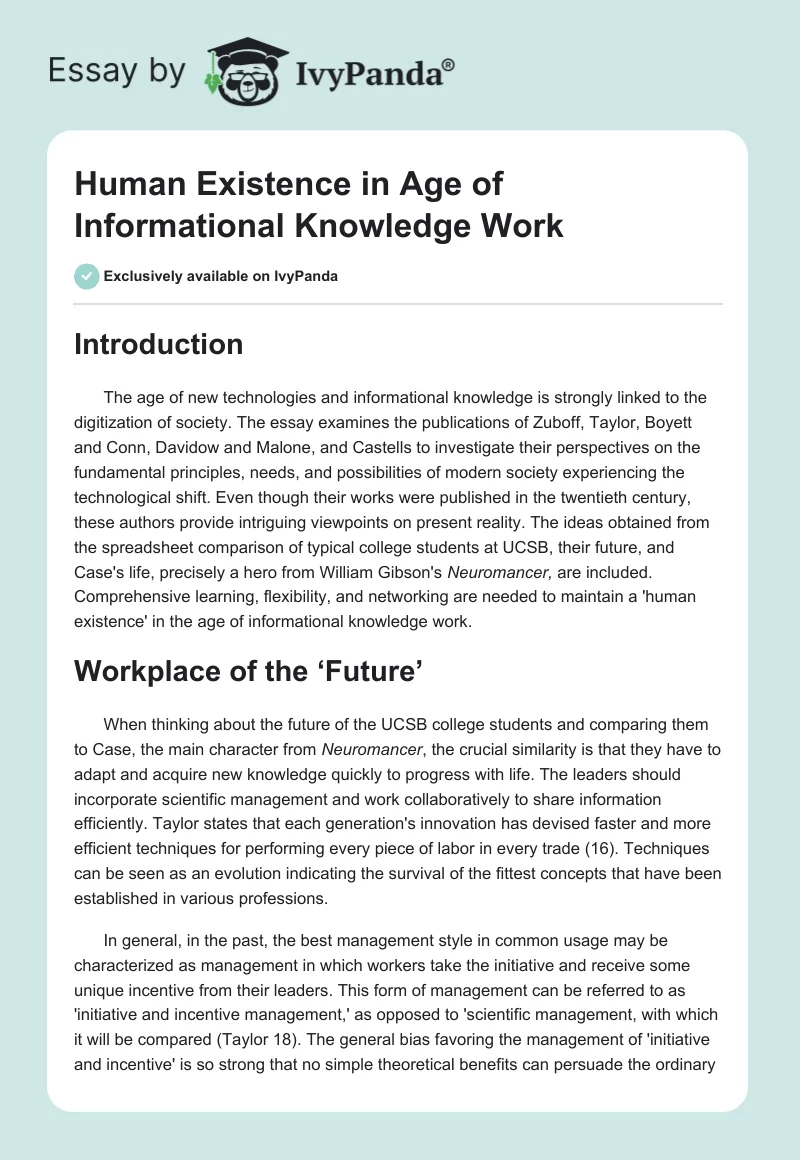 Human Existence in Age of Informational Knowledge Work. Page 1