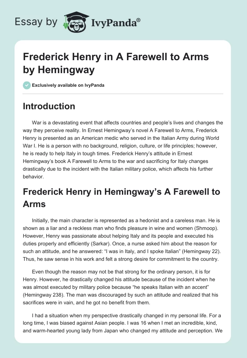 Frederick Henry in "A Farewell to Arms" by Hemingway. Page 1