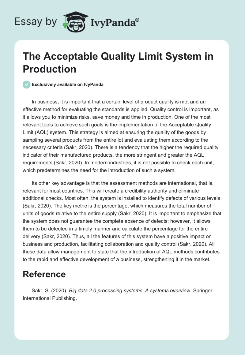 The Acceptable Quality Limit System in Production. Page 1