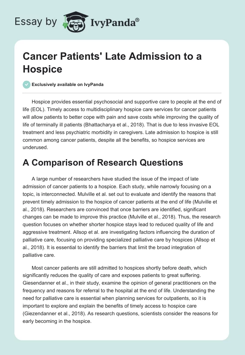 Cancer Patients' Late Admission to a Hospice. Page 1
