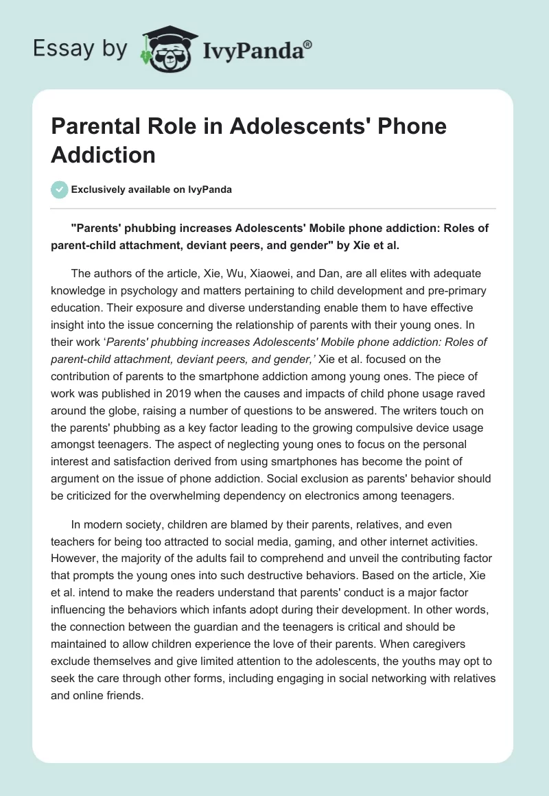 Parental Role in Adolescents' Phone Addiction. Page 1