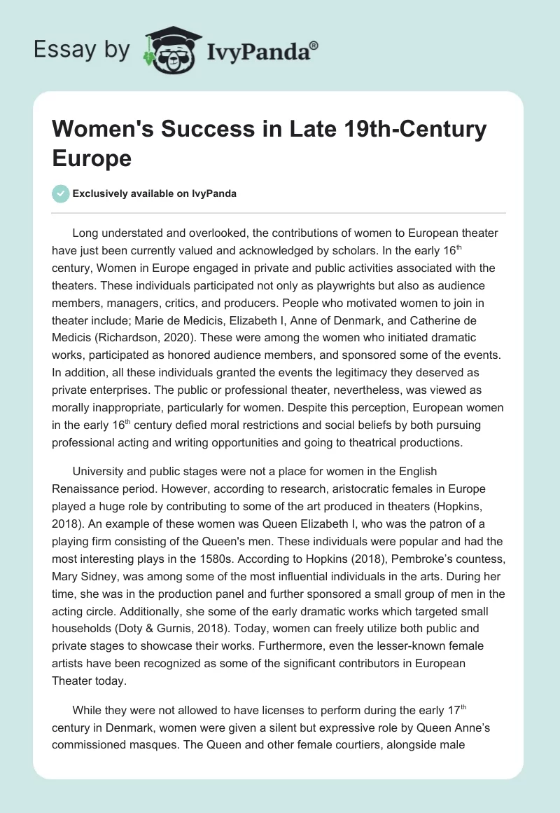 Women's Success in Late 19th-Century Europe. Page 1