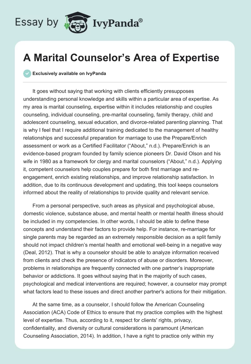 A Marital Counselor’s Area of Expertise. Page 1