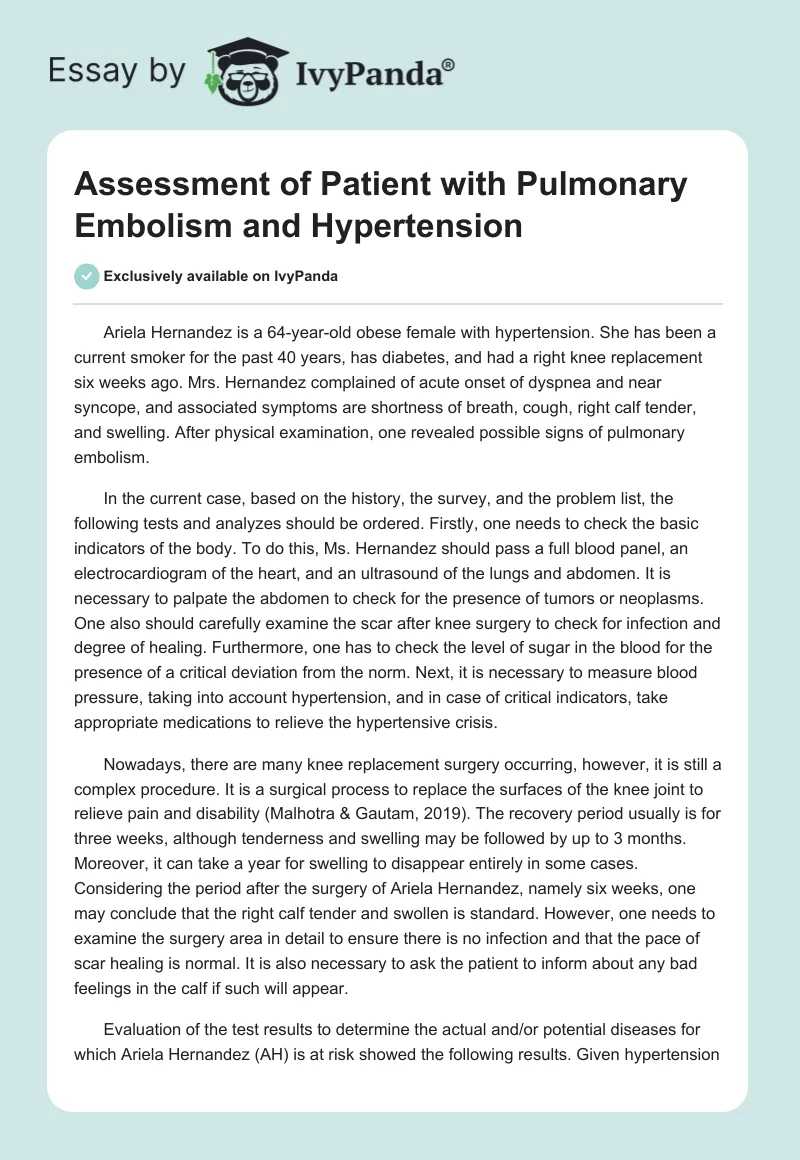 Assessment of Patient with Pulmonary Embolism and Hypertension. Page 1