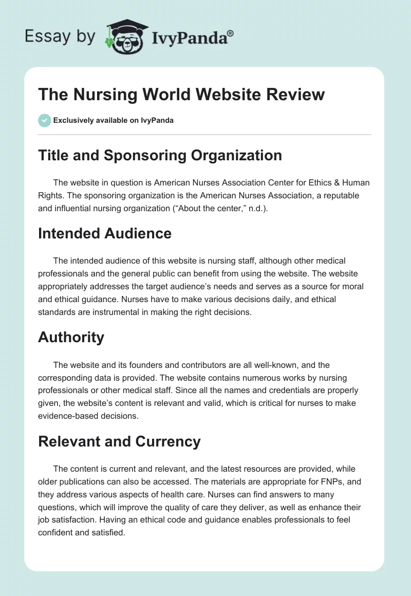 The Nursing World Website Review. Page 1