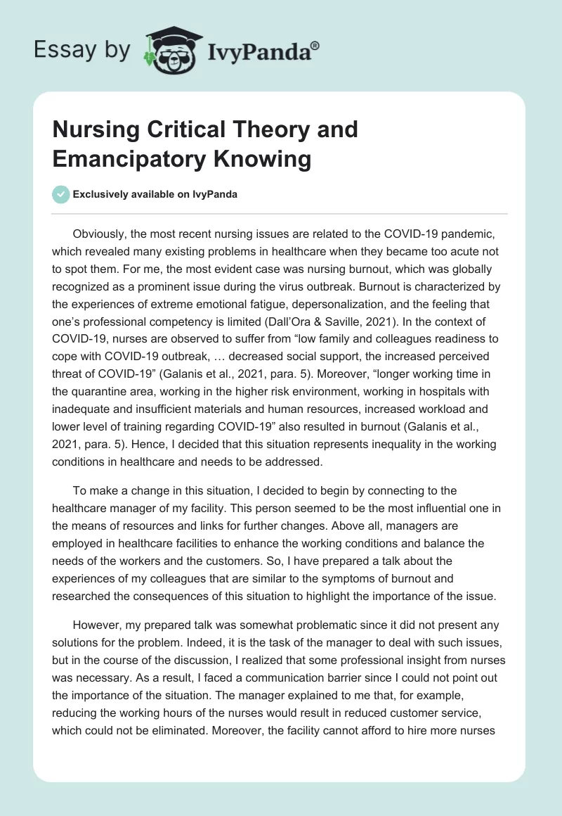Nursing Critical Theory and Emancipatory Knowing. Page 1