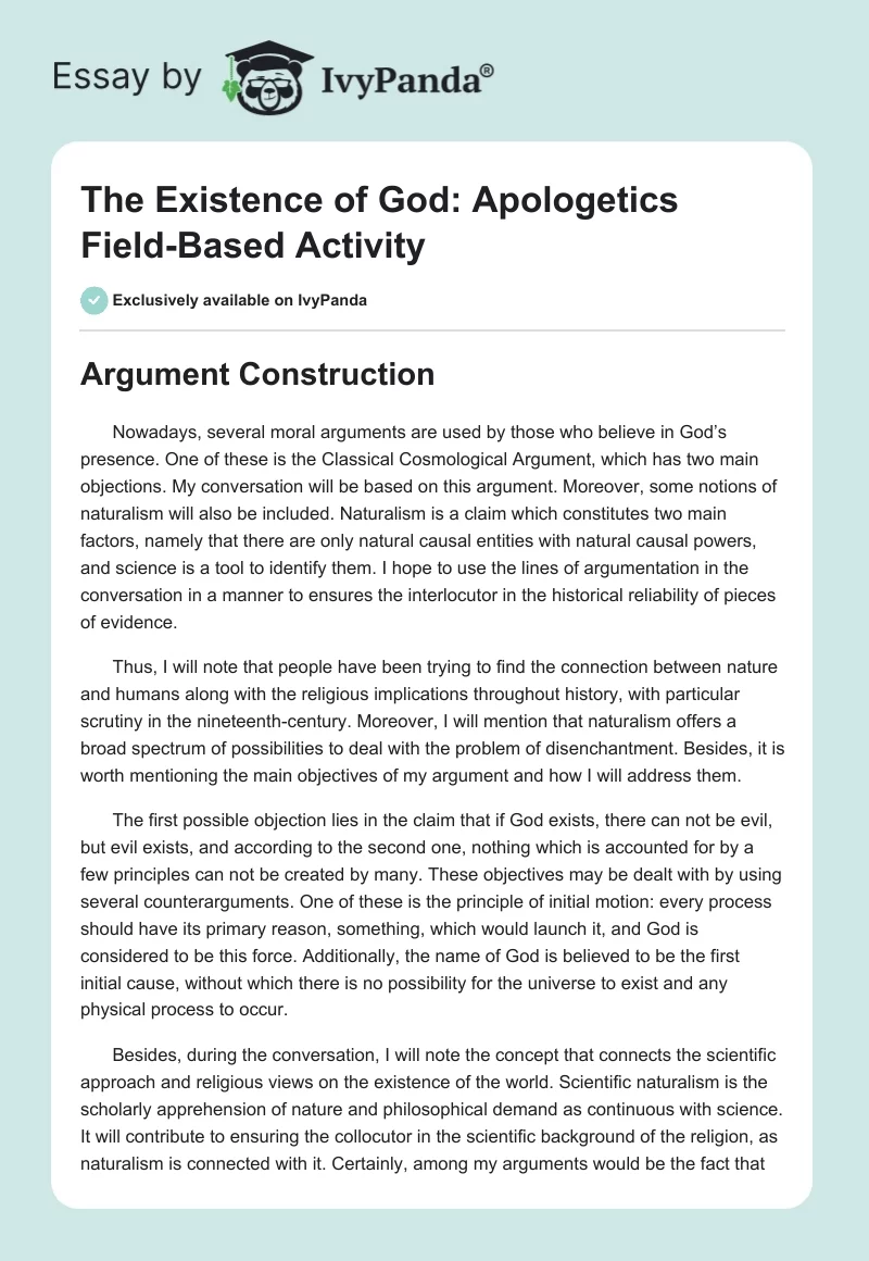 The Existence of God: Apologetics Field-Based Activity. Page 1