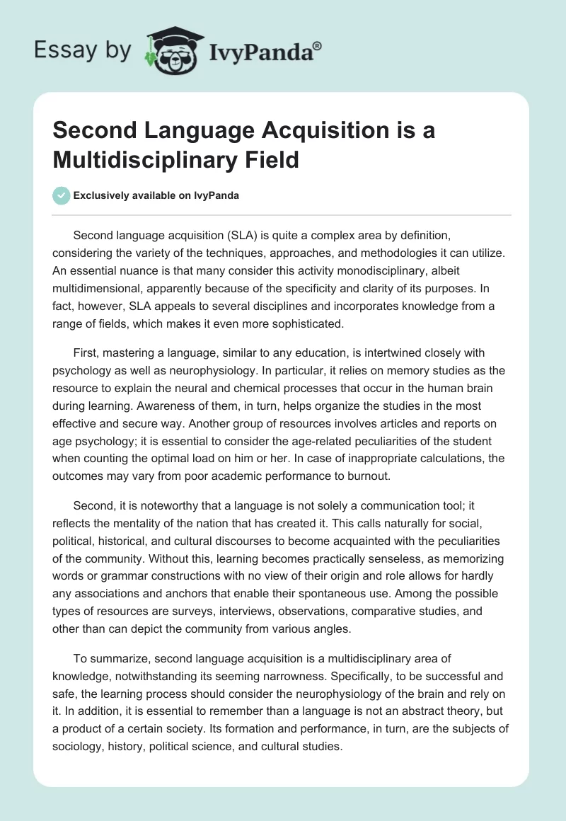 Second Language Acquisition is a Multidisciplinary Field. Page 1