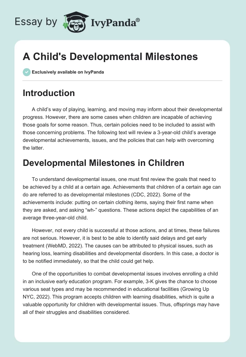 A Child's Developmental Milestones. Page 1