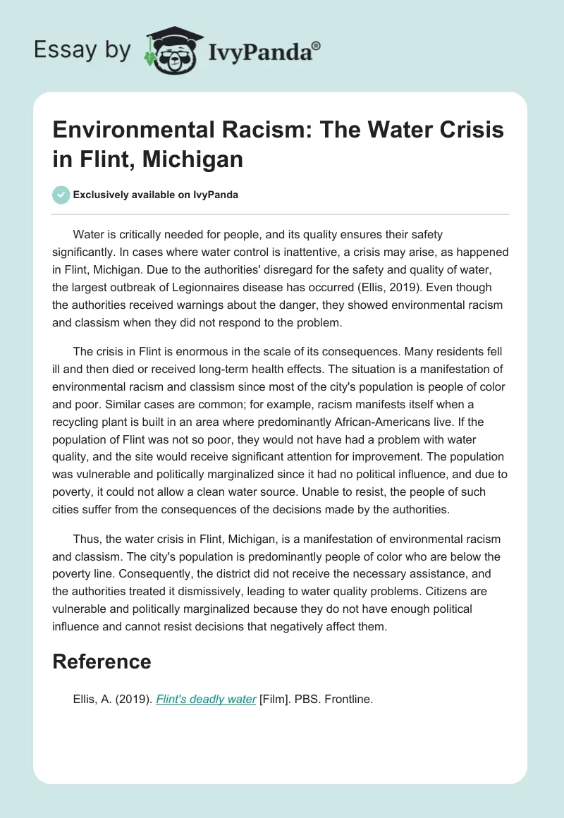 Environmental Racism: The Water Crisis in Flint, Michigan. Page 1