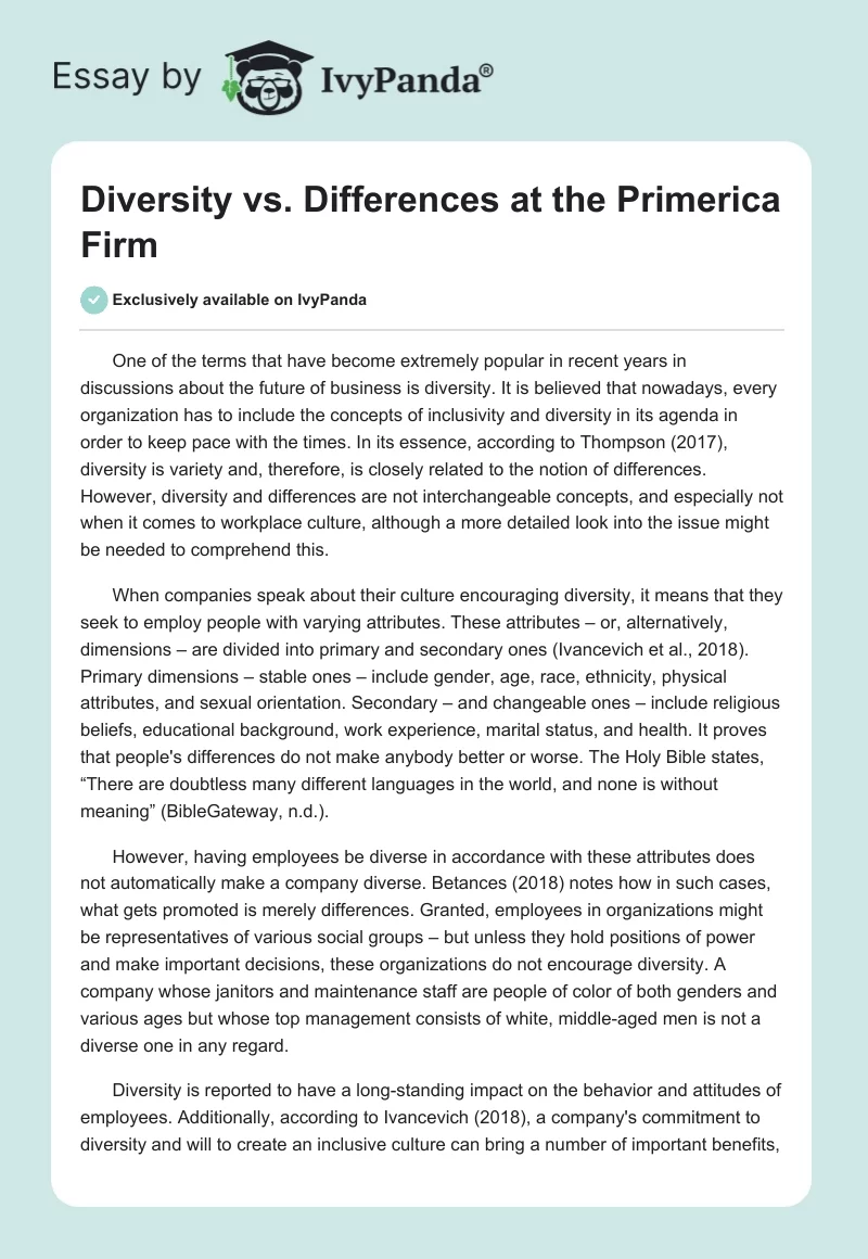 Diversity vs. Differences at the Primerica Firm. Page 1