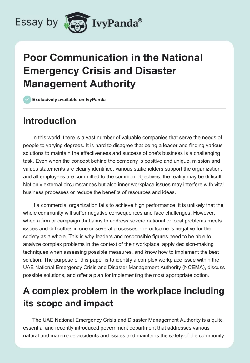 Poor Communication in the National Emergency Crisis and Disaster Management Authority. Page 1