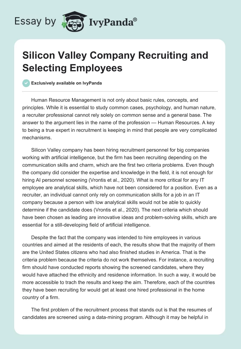 Silicon Valley Company Recruiting and Selecting Employees. Page 1