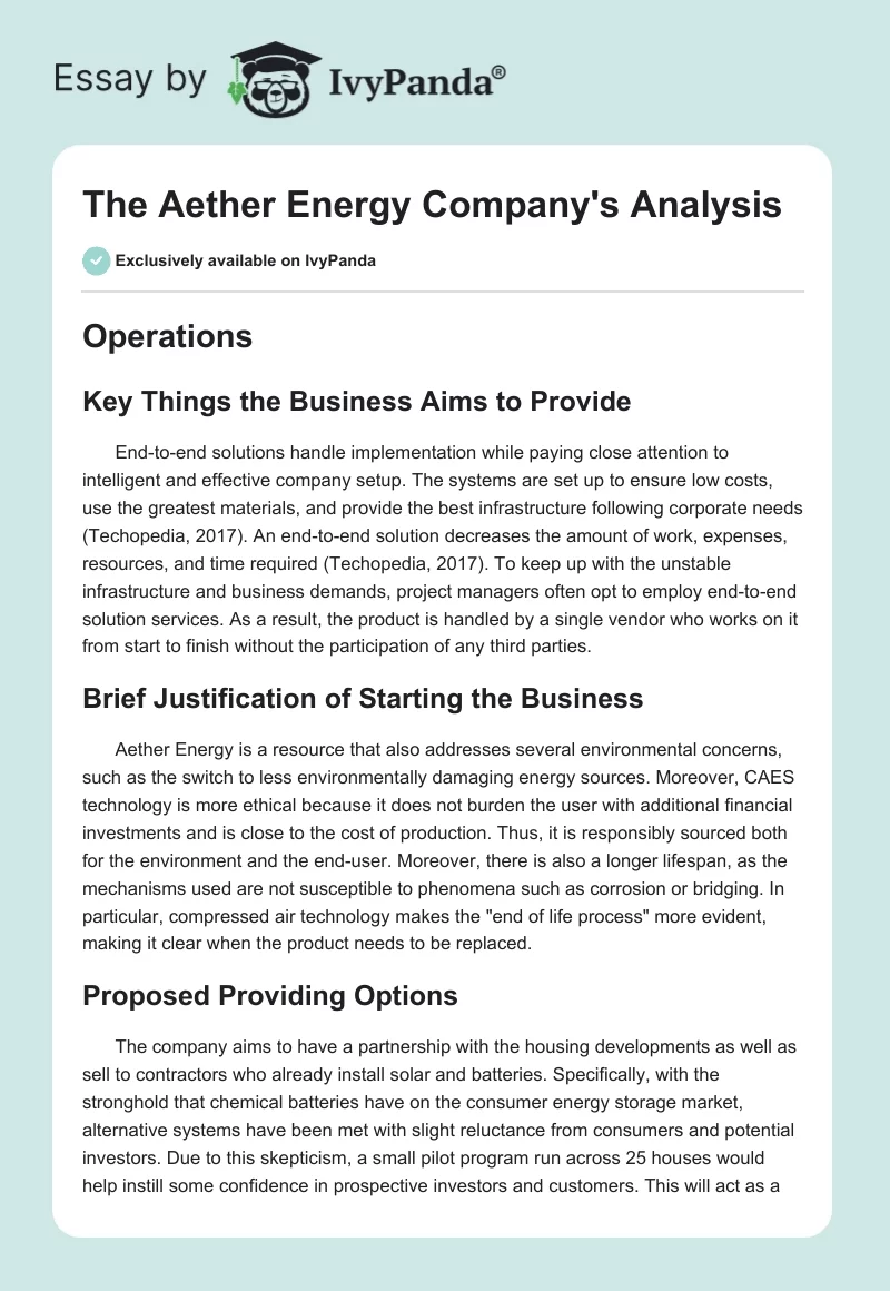 The Aether Energy Company's Analysis. Page 1