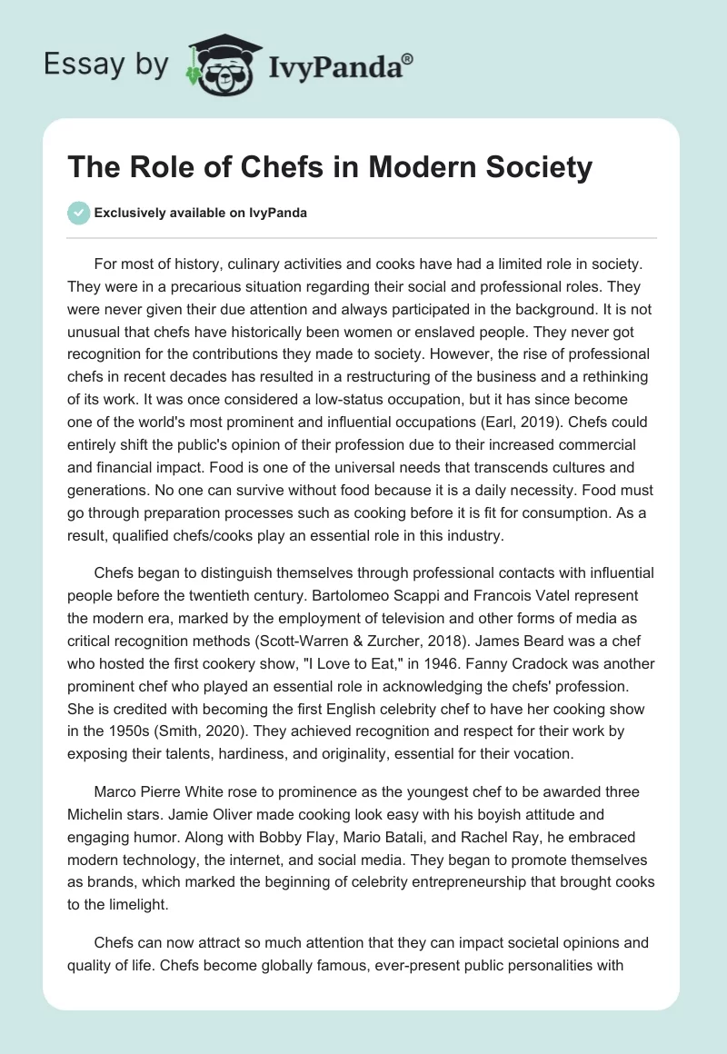 The Role of Chefs in Modern Society. Page 1