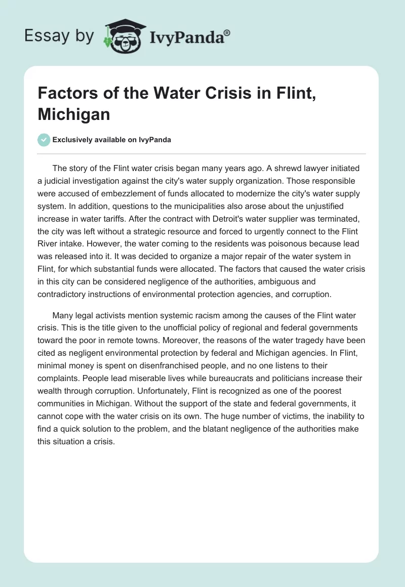Factors of the Water Crisis in Flint, Michigan. Page 1