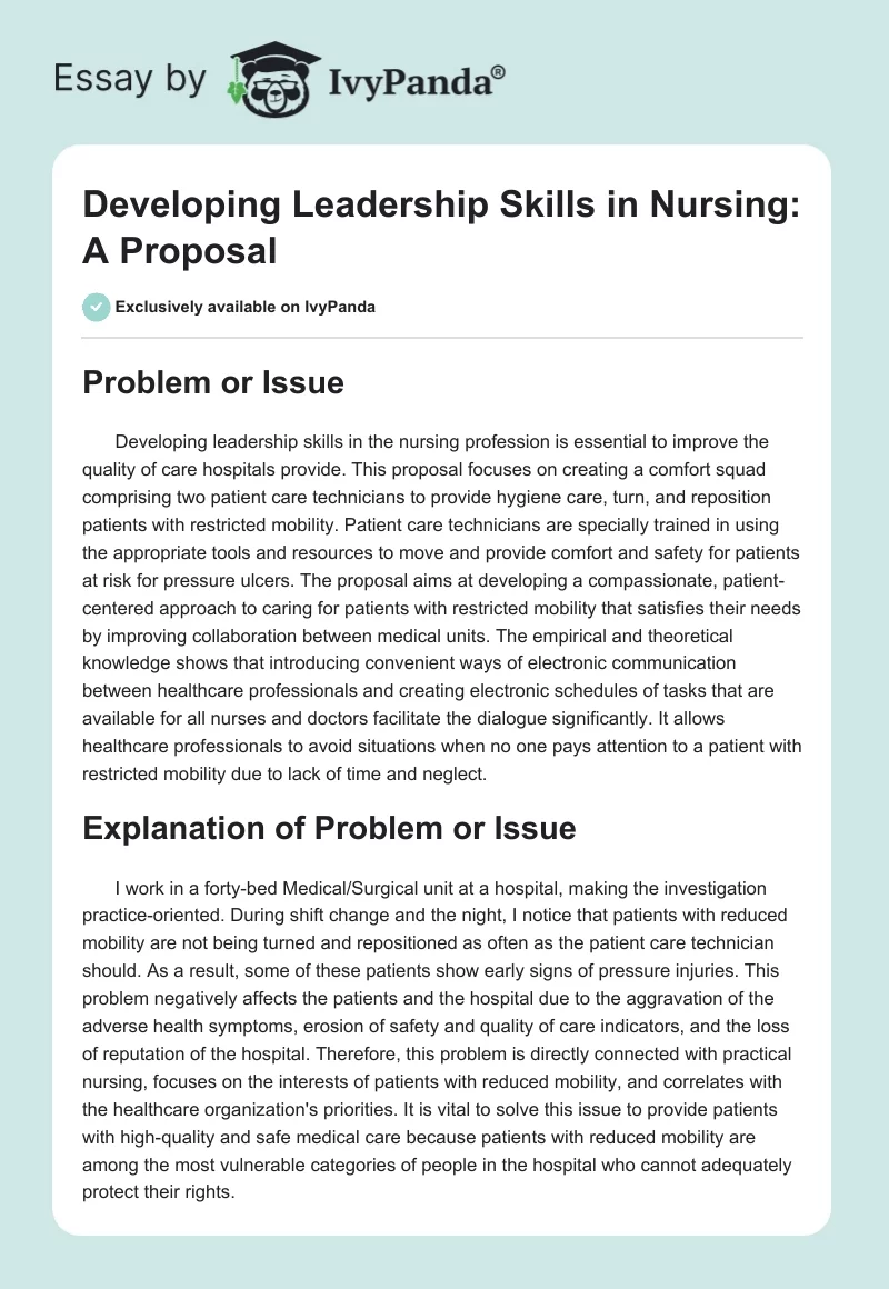 Developing Leadership Skills in Nursing: A Proposal. Page 1