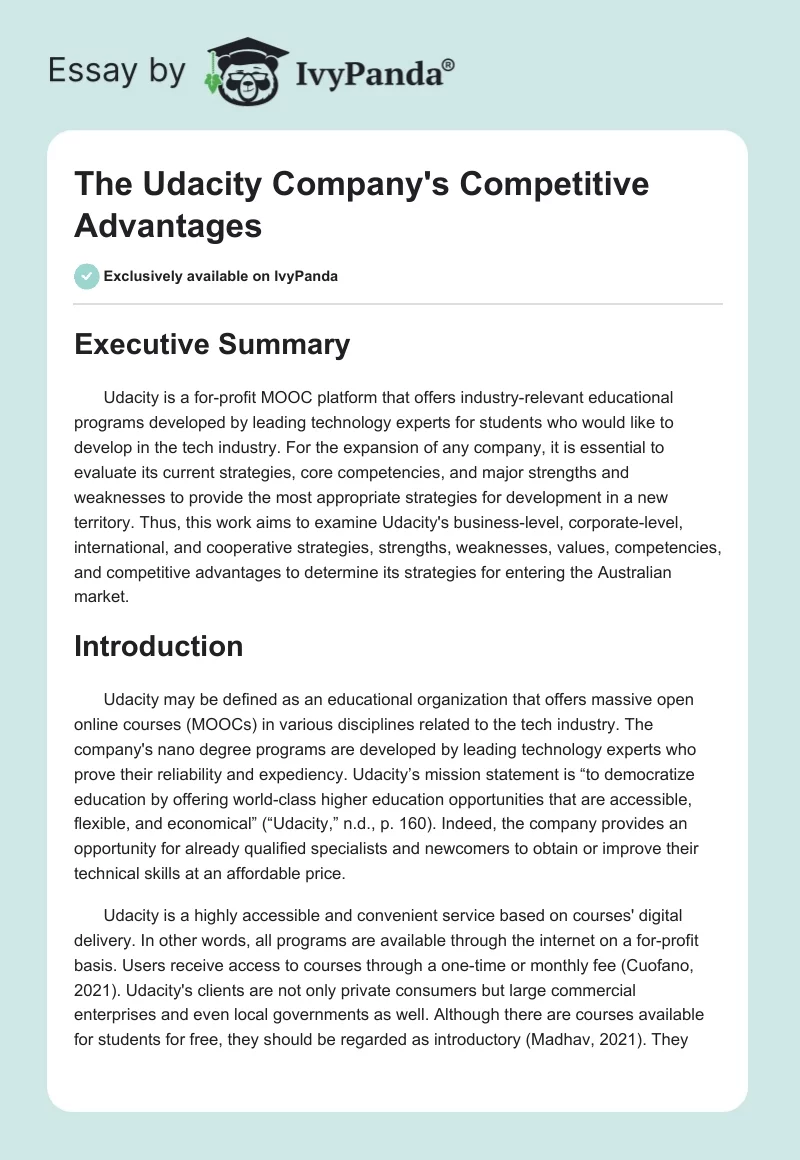 The Udacity Company's Competitive Advantages. Page 1