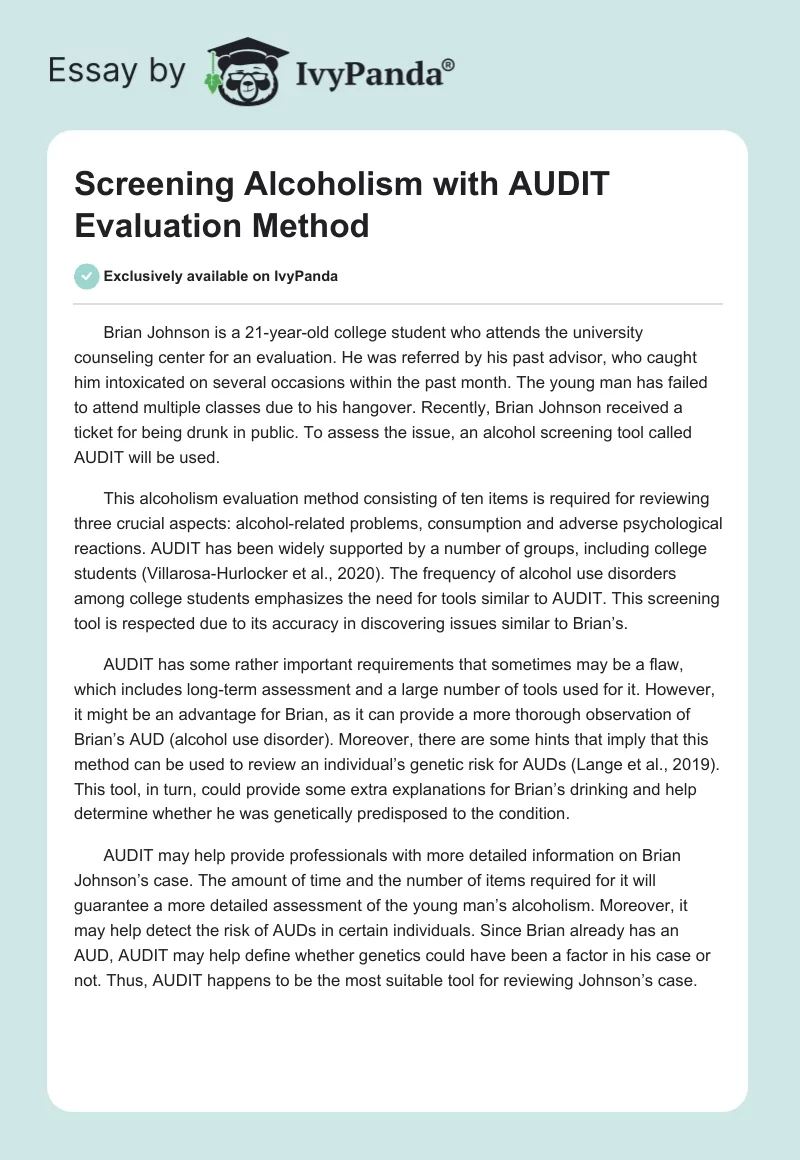 Screening Alcoholism With AUDIT Evaluation Method. Page 1