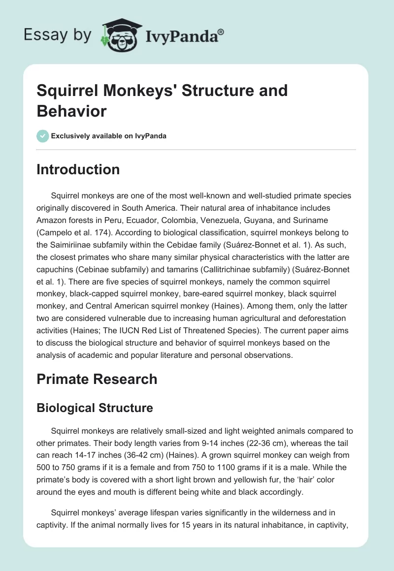 Squirrel Monkeys' Structure and Behavior. Page 1