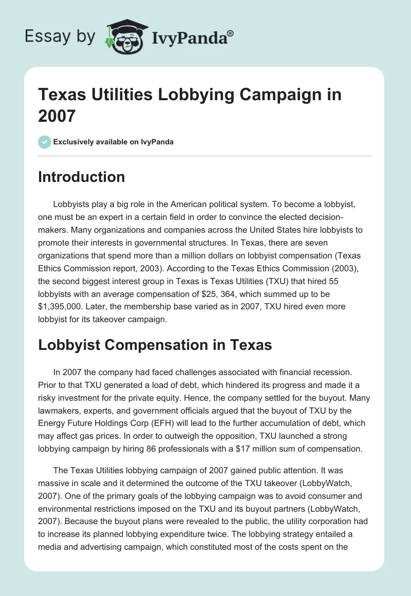 Texas Utilities Lobbying Campaign in 2007. Page 1