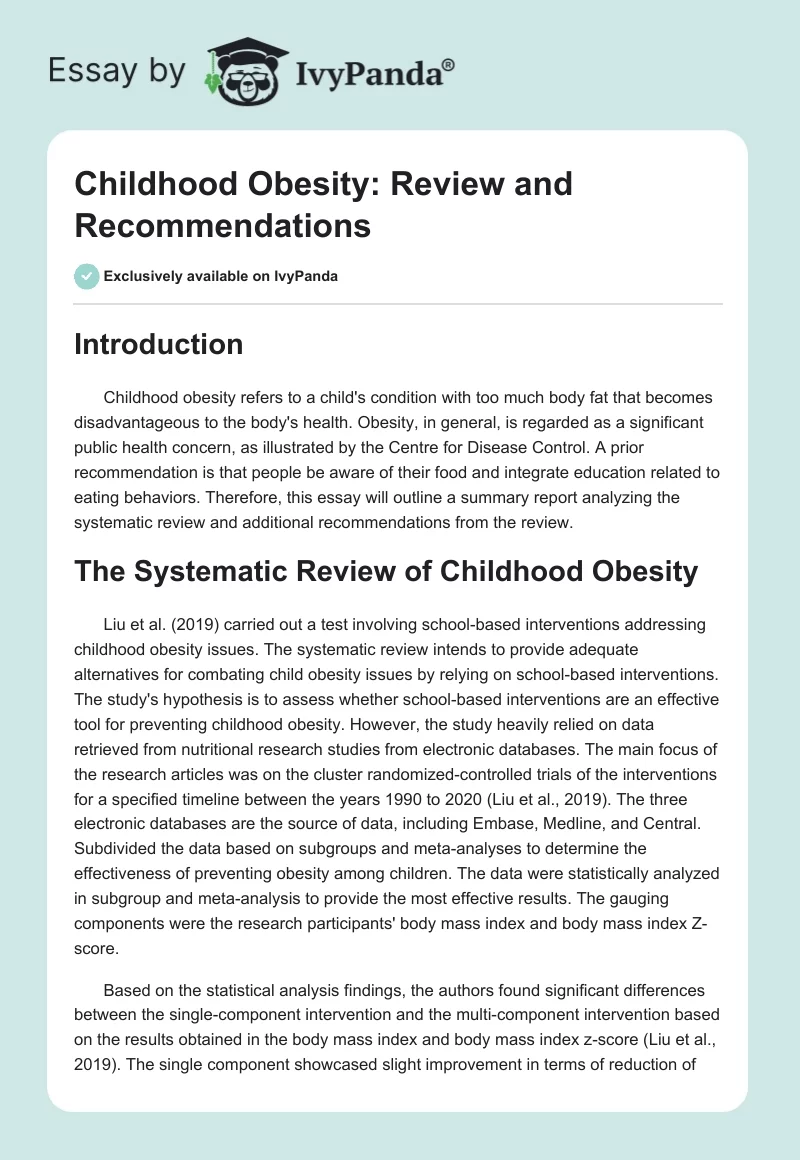 Childhood Obesity: Review and Recommendations. Page 1