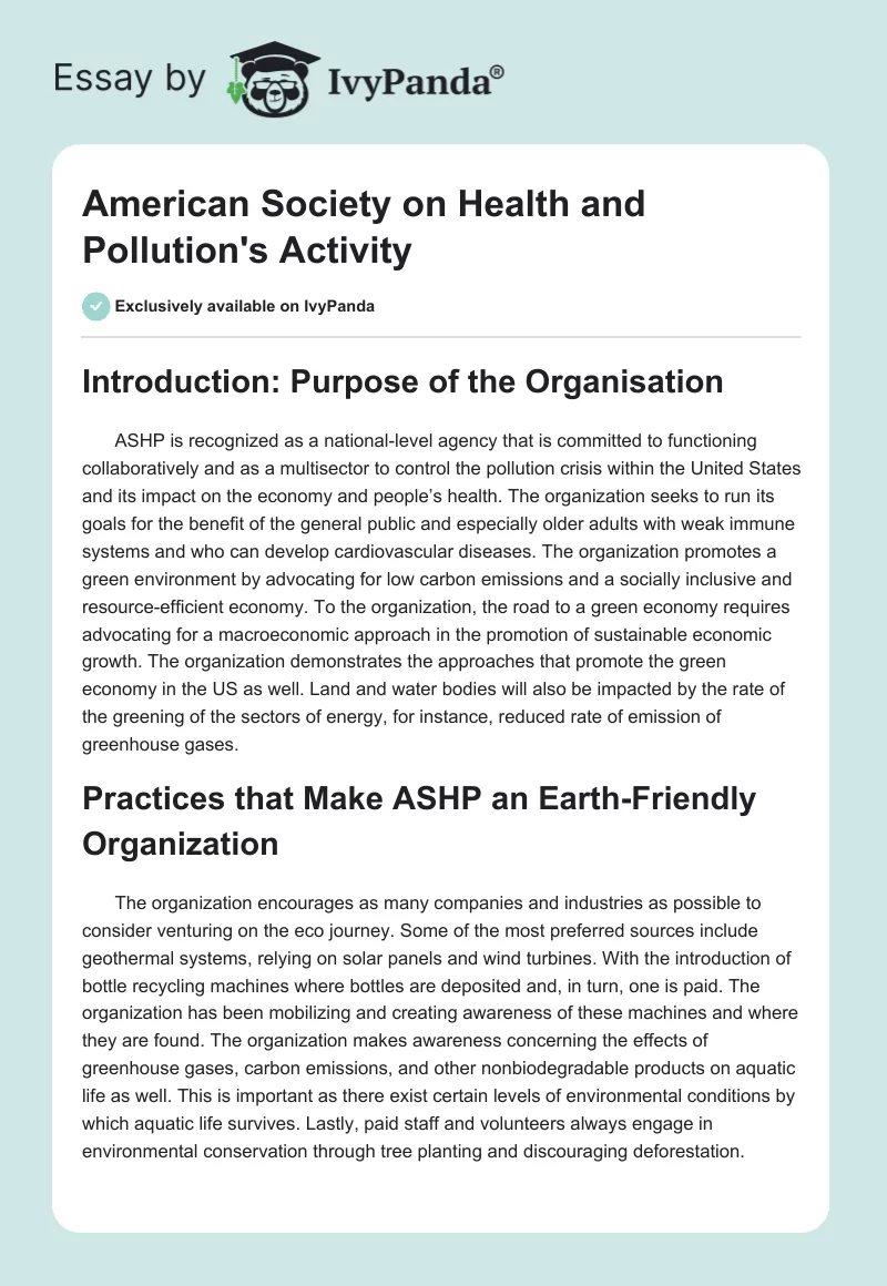 American Society on Health and Pollution's Activity. Page 1