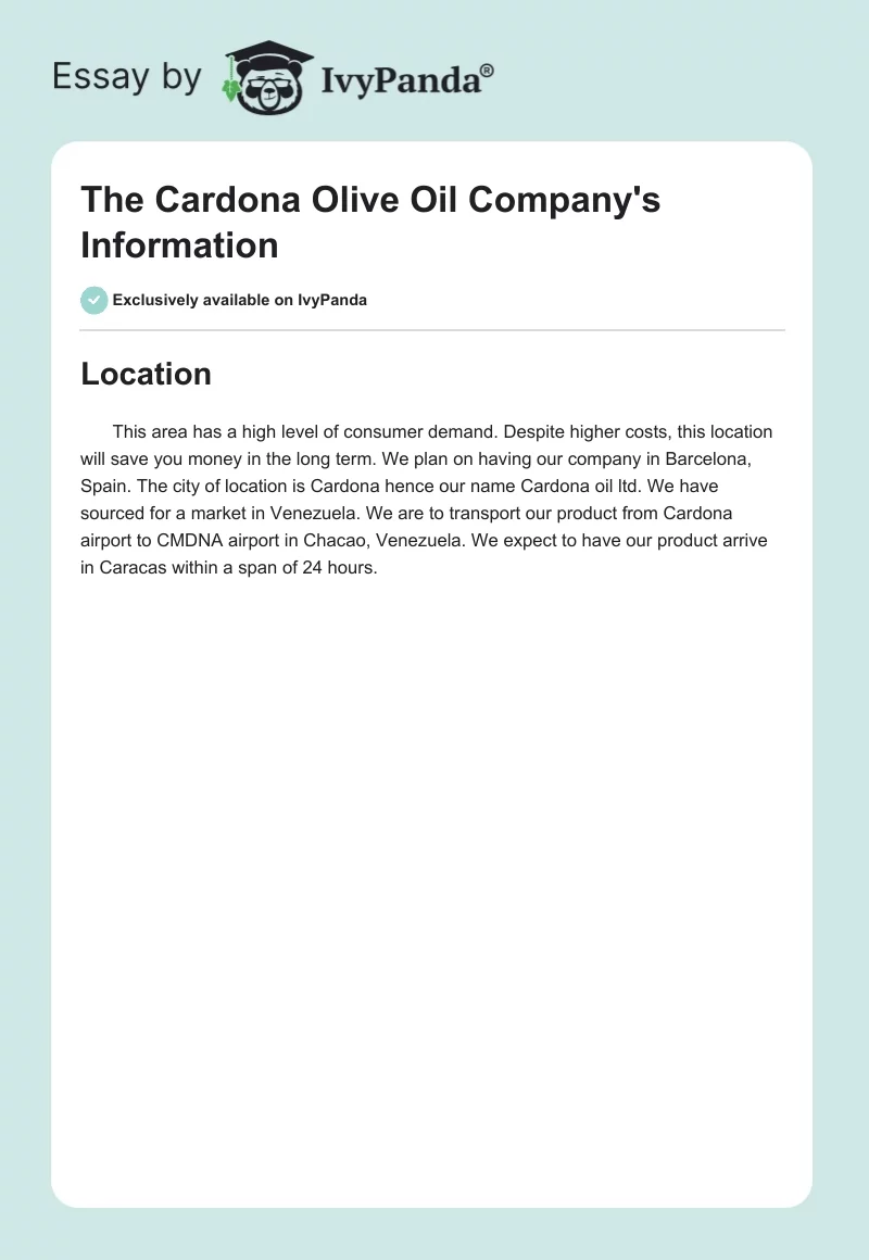 The Cardona Olive Oil Company's Information. Page 1