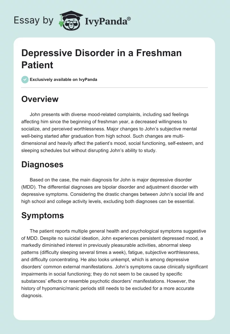 Depressive Disorder in a Freshman Patient. Page 1