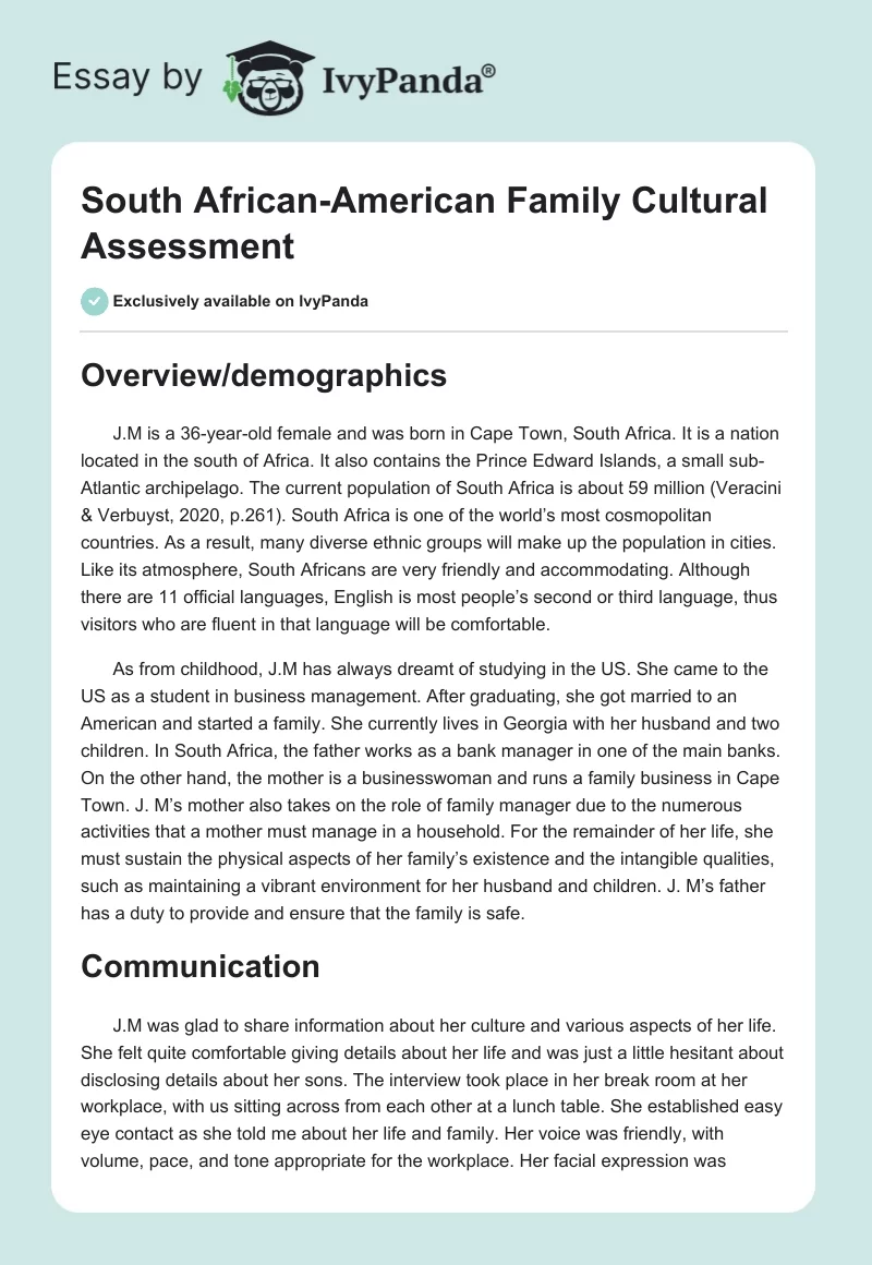 South African-American Family Cultural Assessment. Page 1