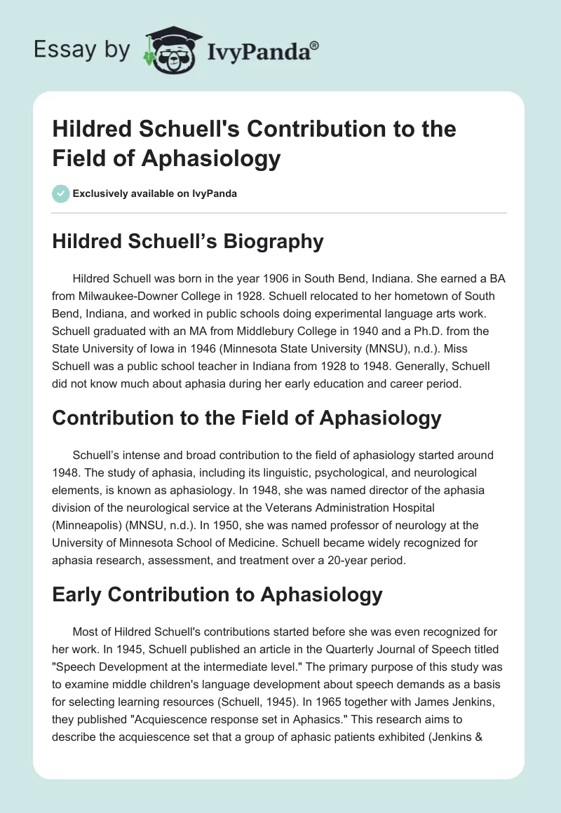 Hildred Schuell's Contribution to the Field of Aphasiology. Page 1