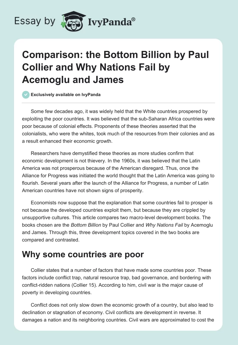 Comparison: the Bottom Billion by Paul Collier and Why Nations Fail by Acemoglu and James. Page 1