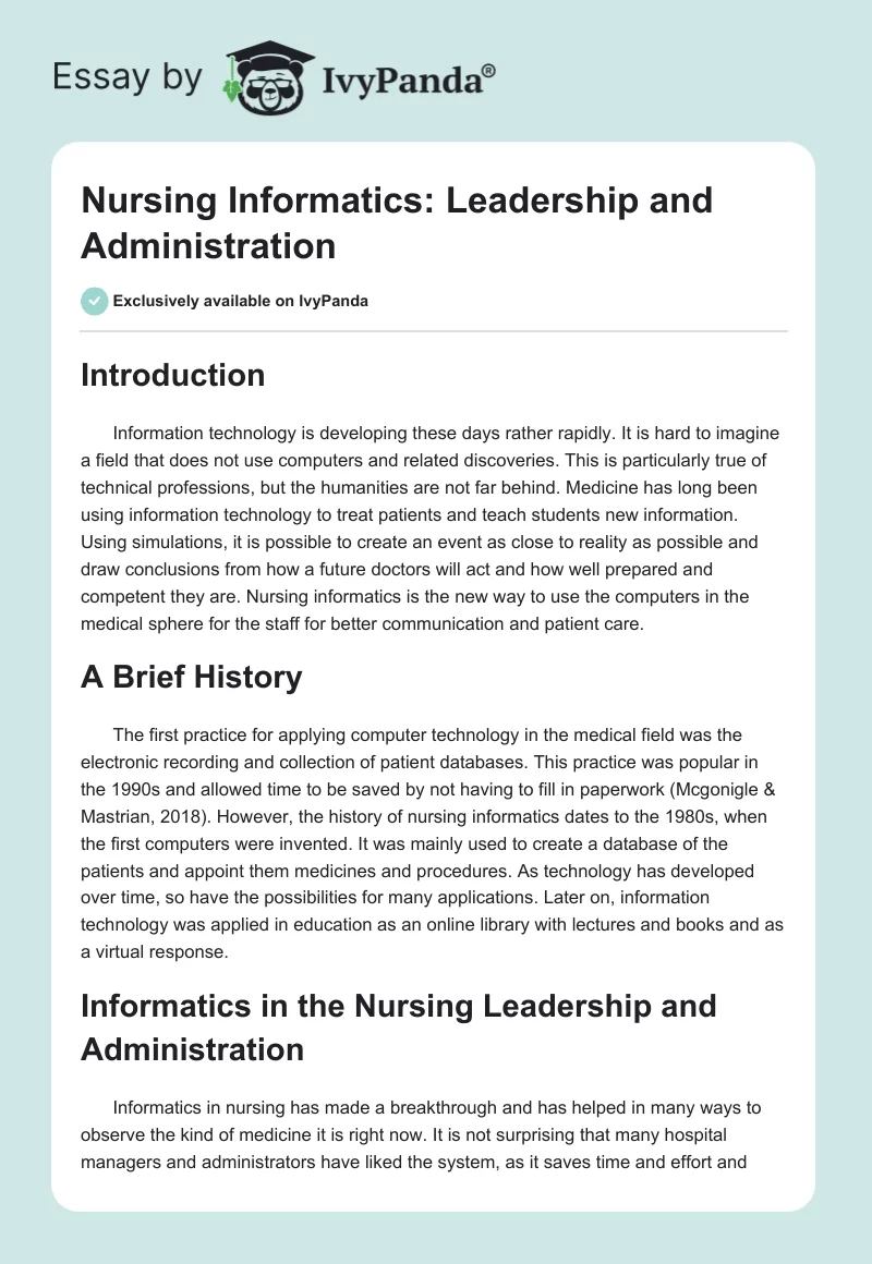 Nursing Informatics: Leadership and Administration. Page 1