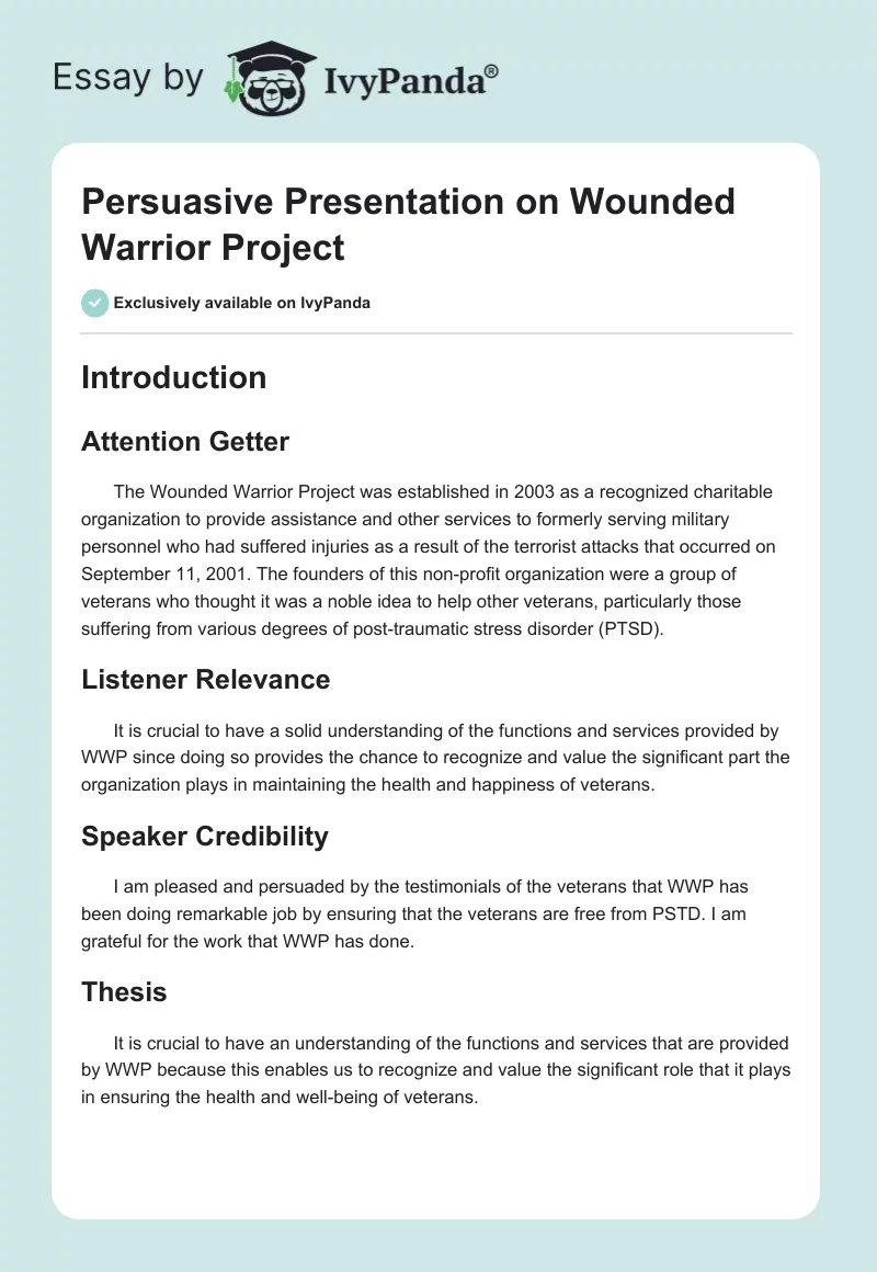Persuasive Presentation on Wounded Warrior Project. Page 1