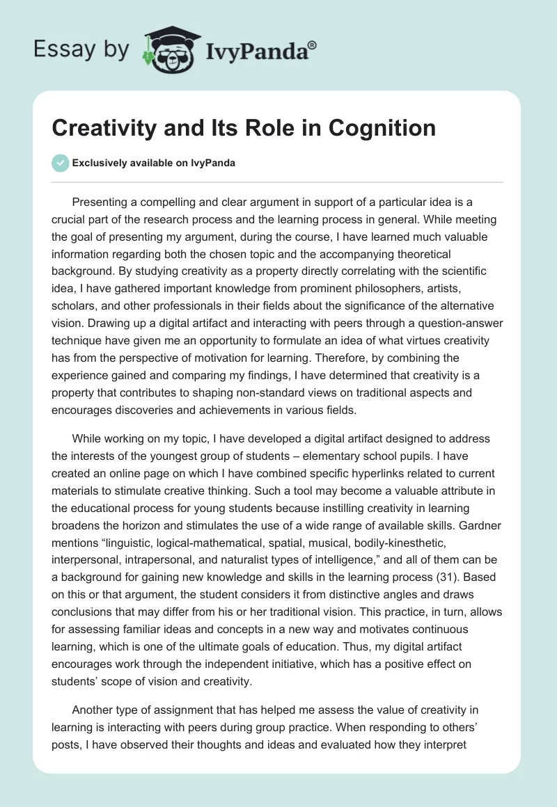 Creativity and Its Role in Cognition. Page 1