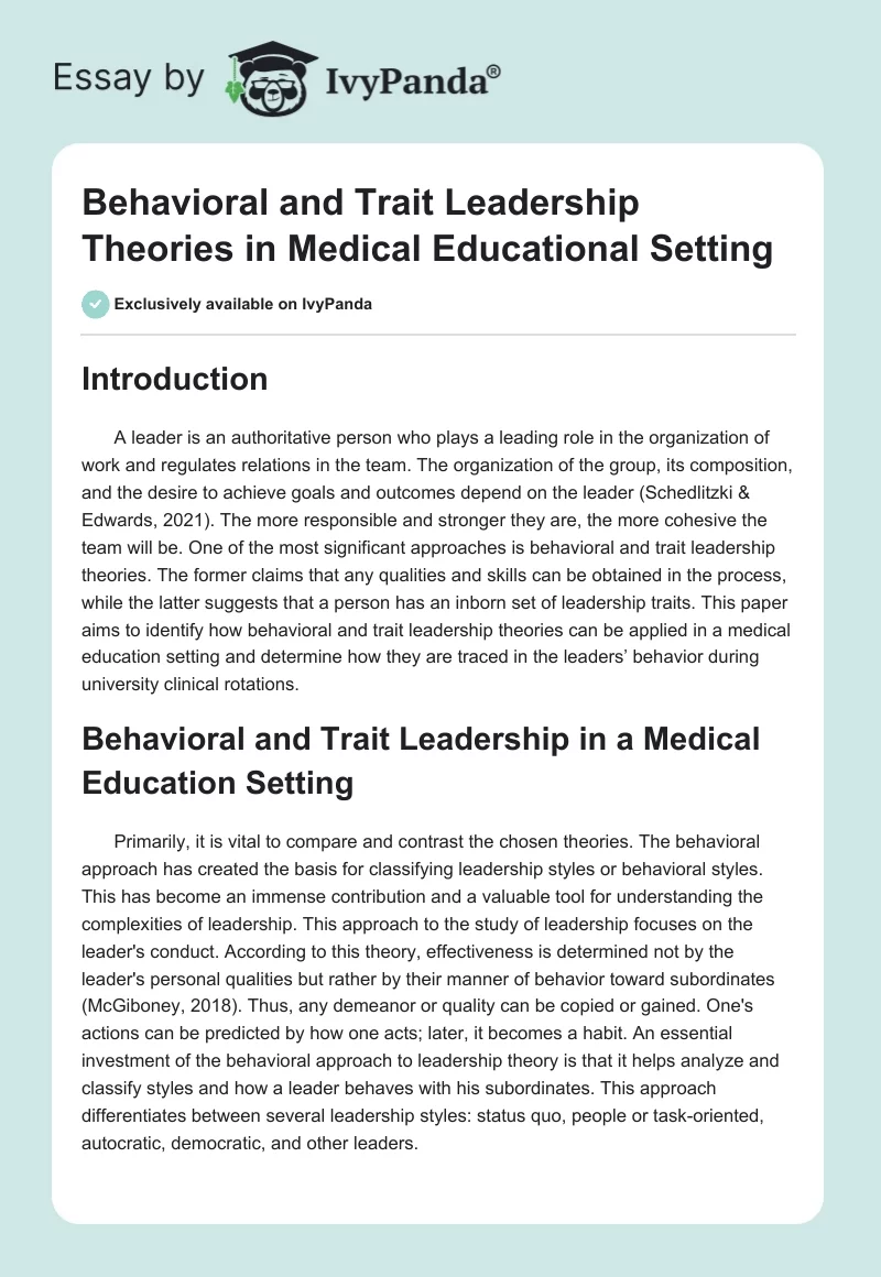 Behavioral and Trait Leadership Theories in Medical Educational Setting. Page 1